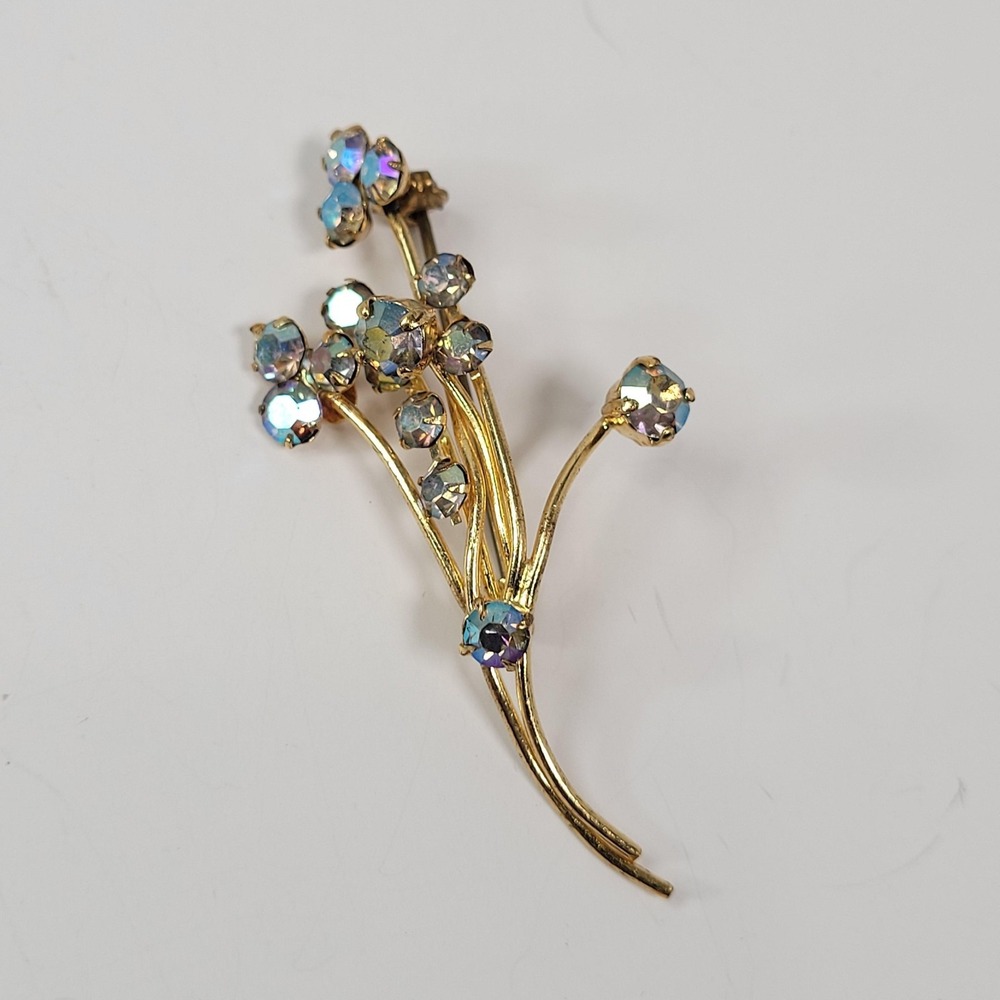 Vintage AB Rhinestone Floral Spray Brooch Pin Gold Tone West Germany Jewelry